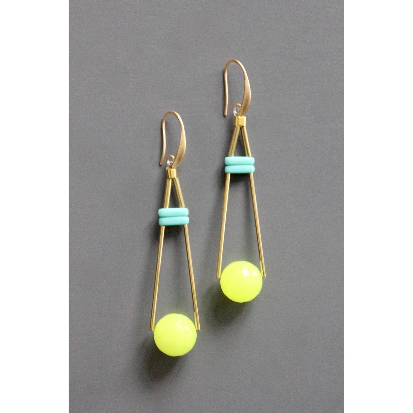 EMIE77 Geometric turquoise and neon yellow glass earrings