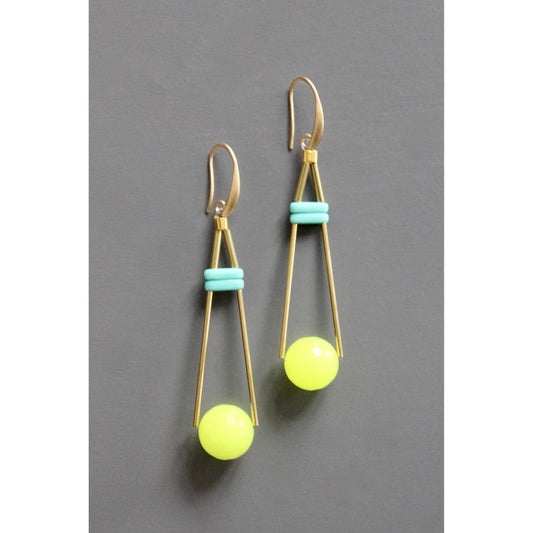 EMIE77 Geometric turquoise and neon yellow glass earrings