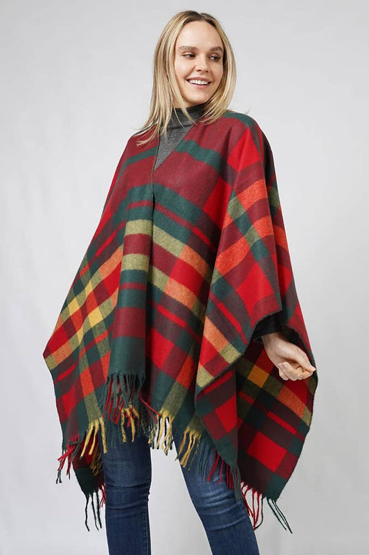 Plaid Pattern Fringe Cape